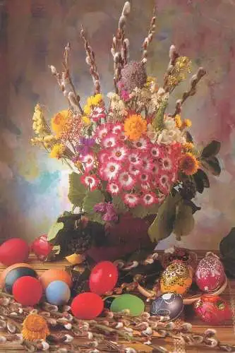 Easter greetings floral motifs decorated painted eggs