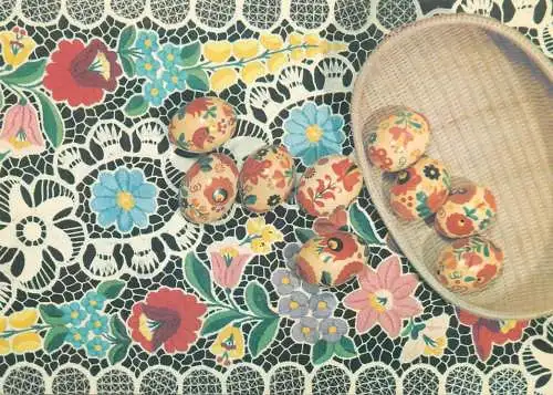 Easter greetings floral motifs decorated painted eggs