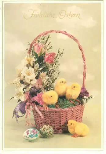 Easter greetings basket floral arrangement pencilled eggs chicken poultry
