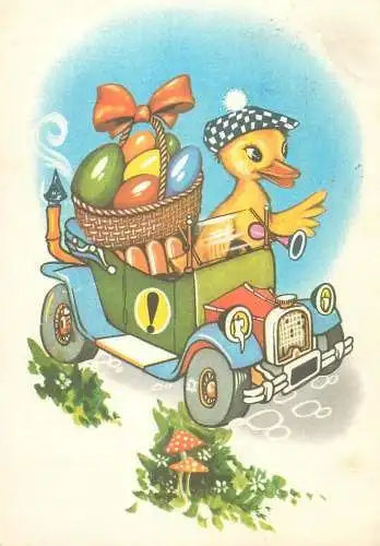 Easter greetings humanized animals duck driving car painted eggs basket