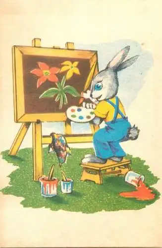 Humanized animals artist rabbit painting flowers