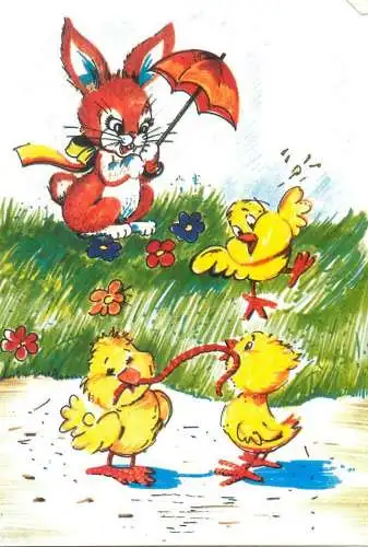 Easter greetings rabbit picking flowers and chicken fighting for a worm children illustration