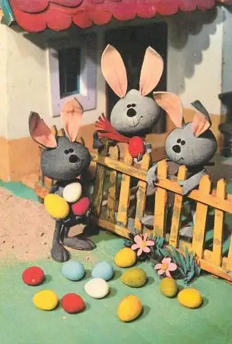 Easter greetings rabbits painted eggs hunt