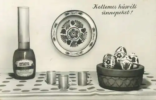 Easter greetings pencilled eggs flower decorated plate liquor bottle