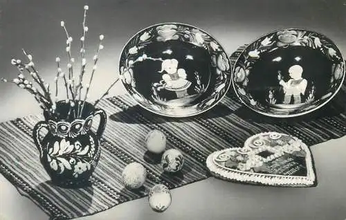 Easter greetings pencilled eggs painted plates vase blossom willow branch