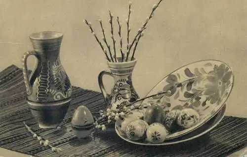Easter greetings pencilled eggs vase blossom willow branch