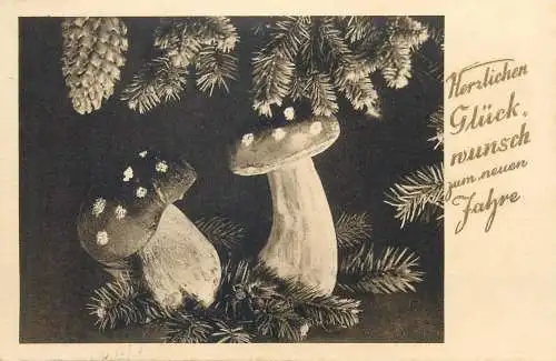 New Year greetings acorns mushrooms