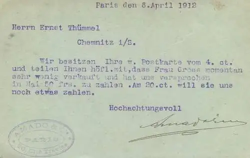 1912 telegram Herr Ernst Thummel corespondence
