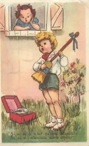 Comic funny illustration boy serenading girl