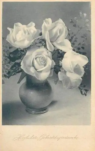 Postcard Birthday greetings roses vase floral arrangement