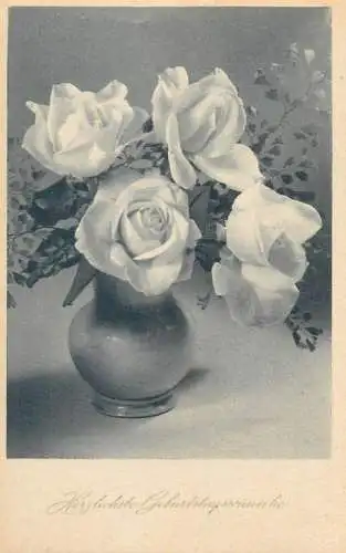 Birthday Greetings Postcard garden roses vase floral arrangement
