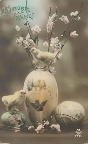 Easter Greetings Postcard chicken poultry pencilled eggs flowery tree branch vase arrangement