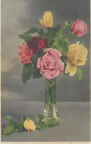 Flora Post card colourful vase floral arrangement garden roses