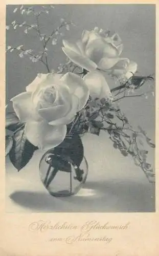 Greetings Postcard roses vase floral arrangement
