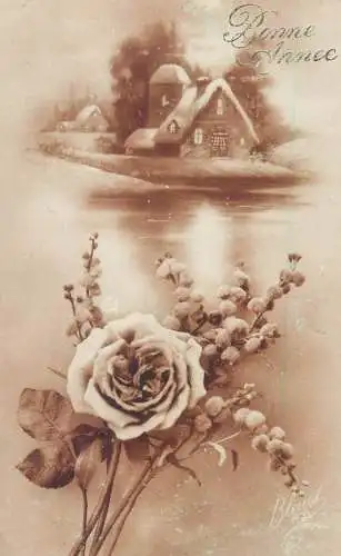 New Year Greetings Postcard garden rose