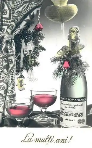 New Year greetings postcard holiday decorations champagne bottle and glasses