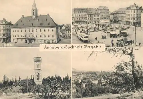Postcard Germany Annaberg Buchholz Erzgeb tram tower