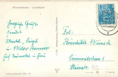 Postcard Germany Warnemunde Leuchtturm