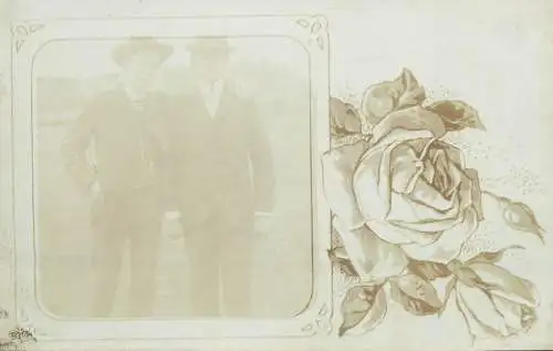 souvenir Postcard anonymous people outdoor scenery men picture rose flower