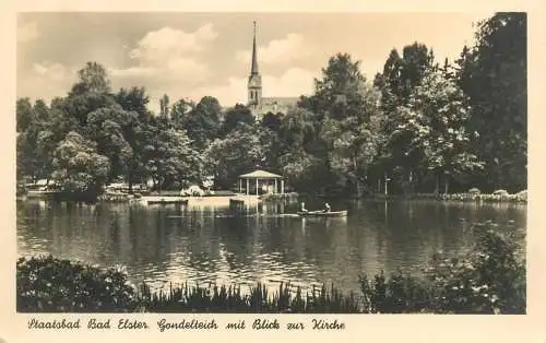 Postcard Germany Staatsbad Bad Elster Gondelteich mit Blicke zur Kirche