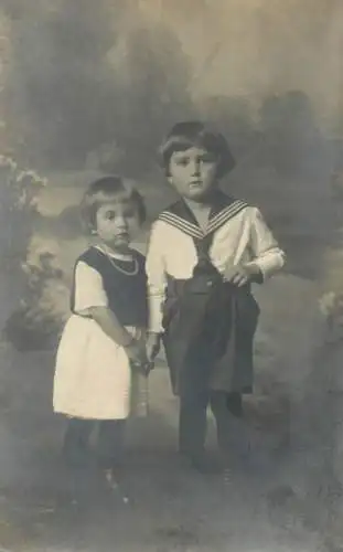 Vintage studio photography atelier photographers anonymous person children types portrait young boy and girl brothers