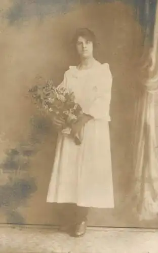 Social History Vintage studio photography anonymous person portrait white dress elegant young woman flower bouquet