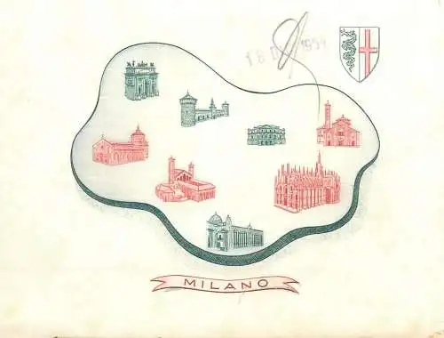 Milano etch etching pictorial card 10.5 x 14 cm dated 1954 2scans