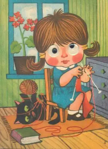 Funny moving eyes knitting girl caricature mechanical postcard Romania