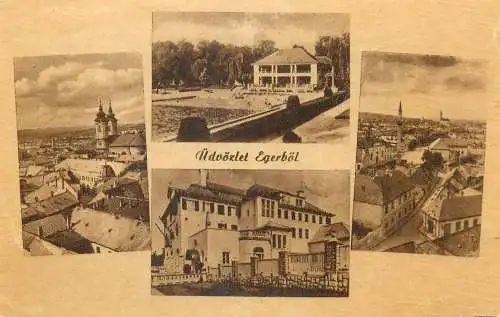 Postcard Hungary udvozlet Egerbol multi view church 1954
