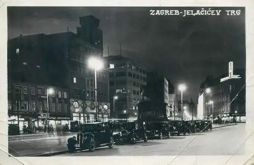 Croatia Zagreb Jelacicev Square nocturnal view vintage cars