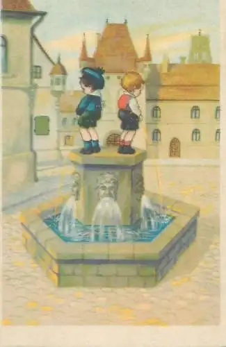 Children pissing in fountain Postcard funny humorous illustration