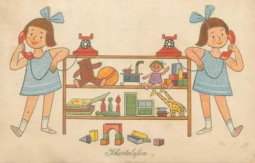 Funny comic illustration Postcard Children on the telephone Kajan Tibor drawing