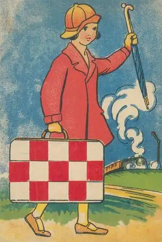traveling lady suitcase train umbrella caricature 2scans