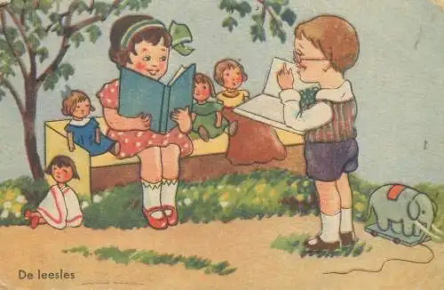 Postcard The Reading lesson - dolls toys
