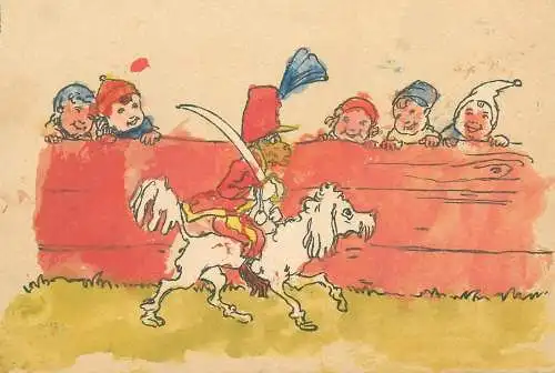 soldier monkey riding dog children drawing humorous illustration Postcard