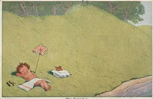 caricature signed Postcard funny humorous illustration boy getting some sun