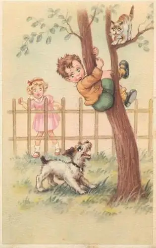 Comic funny humorous illustration Postcard boy and cat chased by dog up in the tree