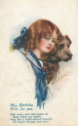 Birthday greetings Postcard beautiful woman wearing sailor costume with dog "Doggie" series signed illustration A. Nash