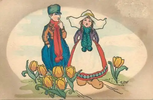 M.M Vienne, M. Munk Postcard Dutch ethnic types folk traditional costumes and tulips flowers R.J. W signed illustration