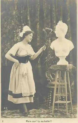 Postcard charming beautiful lady maid costume statuette 1900`s