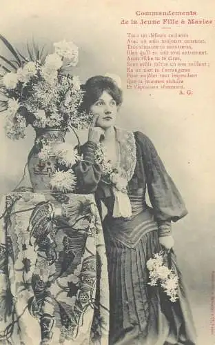Postcard charming beautiful elegant woman vase floral arrangement