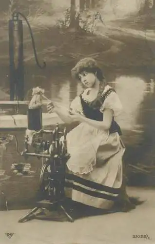 Postcard beautiful women spinster traditional folk costume