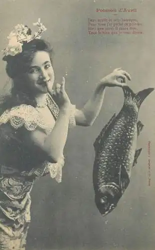 1st Avril greetings Postcard charming smiling beautiful lady Poisson d'Avril