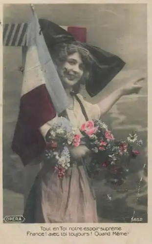 Postcard charming smiling beautiful lady embodying France