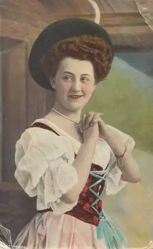 Postcard beautiful charming smiling lady ethnic type folk traditional costume