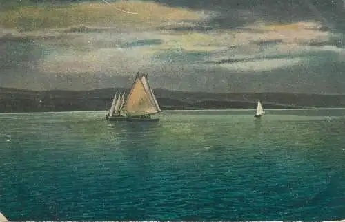 Fine Arts Postcard Hungary Lake Balaton sailing types and scenes evening aspect painting