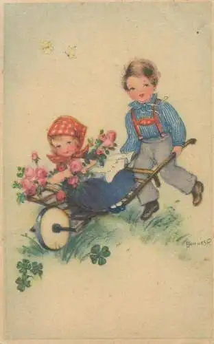 Hannes P signed illustration Postcard playful children types