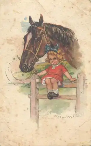 signed illustration Postcard girl with horse