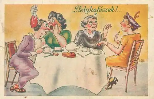 Funny comic Postcard gossiping ladies humorous caricature illustration