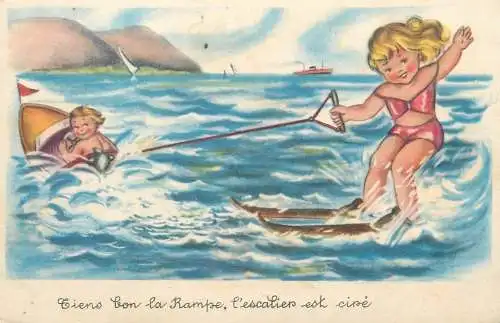 Funny humorous Postcard seaside types and scenes water ski illustration